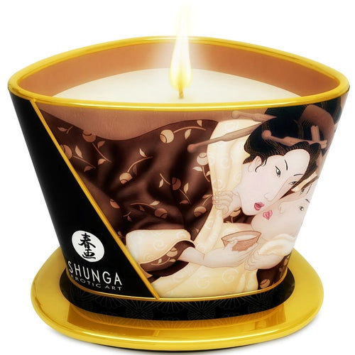 Bougie de massage Shunga parfum chocolat en boitier metal dore, couvercle illustre d'une estampe erotique japonaise, cire brune gourmande fondant en huile chaude