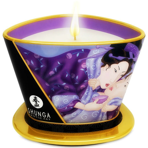 Bougie de massage Shunga parfum fruits exotiques en boitier dore, couvercle illustre d'une estampe erotique japonaise, cire violette fondant en huile chaude