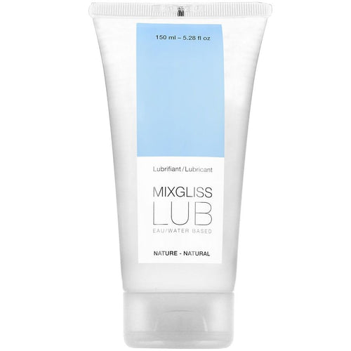 Tube blanc et bleu Mixgliss Lub, lubrifiant naturel base eau sans parfum 150 ml, vue de face debout grand format, texture translucide compatible jouets et preservatifs