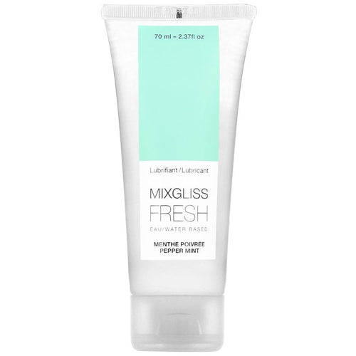 Tube blanc et vert menthe Mixgliss Fresh, lubrifiant comestible saveur menthe poivree effet froid 70 ml, vue de face debout, base eau rincable a l'eau savonneuse