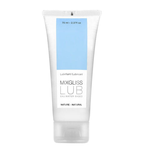 Tube blanc et bleu Mixgliss Lub, lubrifiant naturel base eau sans parfum 70 ml, vue de face debout, texture translucide rincable fabriquee en Europe pour jeux intimes