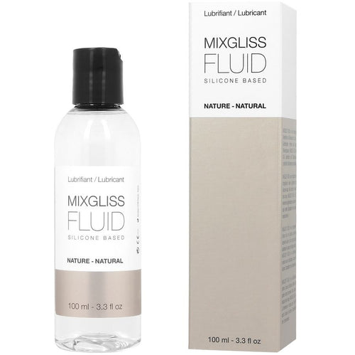 Flacon transparent et boite beige Mixgliss Fluid, lubrifiant silicone longue duree sans parfum 100 ml, cote a cote grand format, glisse sans arome fabriquee en France