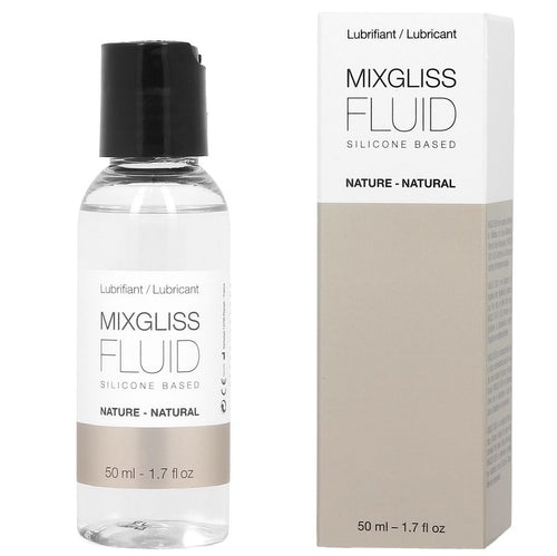 Flacon transparent et boite beige Mixgliss Fluid, lubrifiant silicone longue duree sans parfum 50 ml, cote a cote, petite quantite suffit fabrique en France