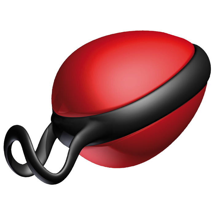 Boule de Geisha simple Joyballs rouge et noire de profil avec boucle de retrait, sphere oscillante a effet trampoline pour renforcer le plancher pelvien