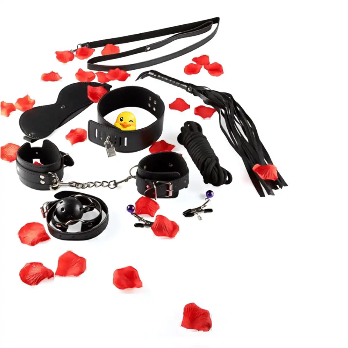 Kit BDSM initiation pour couple etale sur petales de rose 