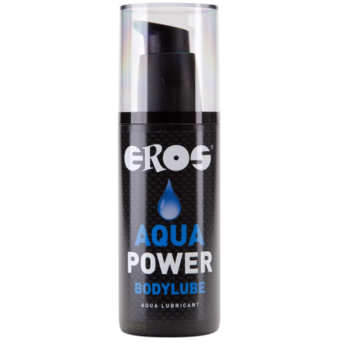 Flacon noir Eros Aqua Power Bodylube base eau, pompe airless, goutte bleue, lubrifiant base eau leger a glisse fluide pour usage regulier