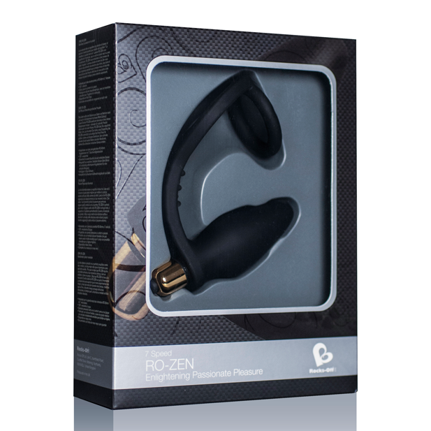 Boîte RO-Zen de Rocks-Off gris anthracite, fenêtre dévoilant le plug à double anneau en silicone noir, slogan Enlighten Passionate Pleasure, sans corps.