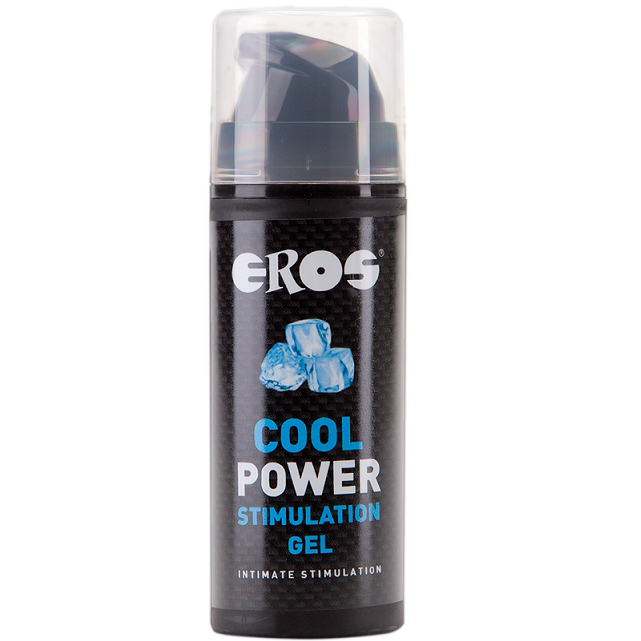 Gel stimulant Eros Cool Power effet froid 30 ml, flacon noir a pompe avec glacons, formule legere pour le clitoris et le vagin a sensation immediate revigorante.