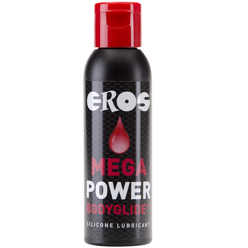 Flacon noir Eros Mega Power Bodyglide silicone, goutte rouge, lubrifiant base silicone dense pour une lubrification optimale et une glisse longue duree