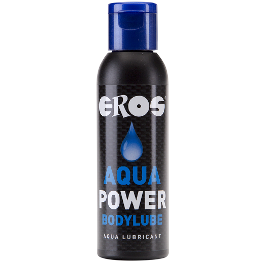 Flacon noir Eros Aqua Power Bodylube base eau avec pompe, goutte bleue, lubrifiant base eau a glisse fluide longue duree compatible preservatifs et jouets
