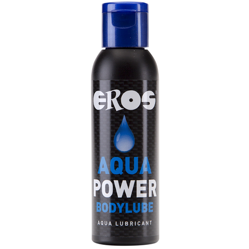 Flacon noir Eros Aqua Power Bodylube base eau avec pompe, goutte bleue, lubrifiant base eau a glisse fluide longue duree compatible preservatifs et jouets