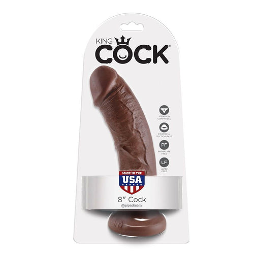 Boite King Cock 8 pouces Cock teinte chocolat presentant un gode realiste veine sans testicules, packaging Pipedream made in USA, base ventouse visible.