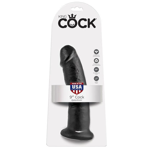 Boite King Cock 9 pouces Cock, blister presentant le grand gode realiste noir a base ventouse, mention Made in USA et logo Pipedream, sans testicules, effet peau profond, modele fait main.