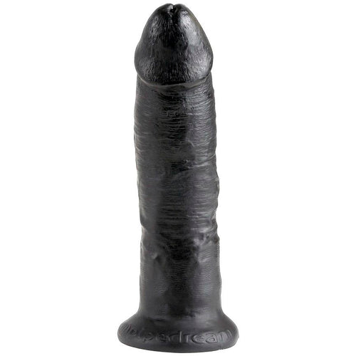 Gode realiste King Cock noir sans testicules, gland marque et fut veine sur base ventouse, effet peau profond, modele fait main, vue de face, compatible harnais, format moyen genereux.