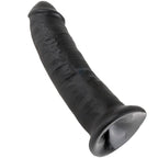 Gode realiste King Cock noir incline vers la droite, tete prononcee et fut veine sur base ventouse ronde, effet peau profond, modele fait main, format genereux, vue de profil.