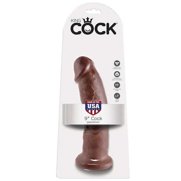 Boite King Cock 9 pouces Cock teinte chocolat, blister presentant le grand gode realiste a base ventouse, mention Made in USA, logo Pipedream, sans testicules, effet peau, fait main.