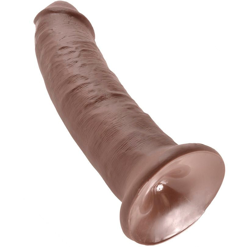 Gode realiste King Cock teinte chocolat incline vers la droite, tete prononcee et fut veine sur base ventouse, effet peau mat, modele fait main sans testicules, grand format, vue de profil.