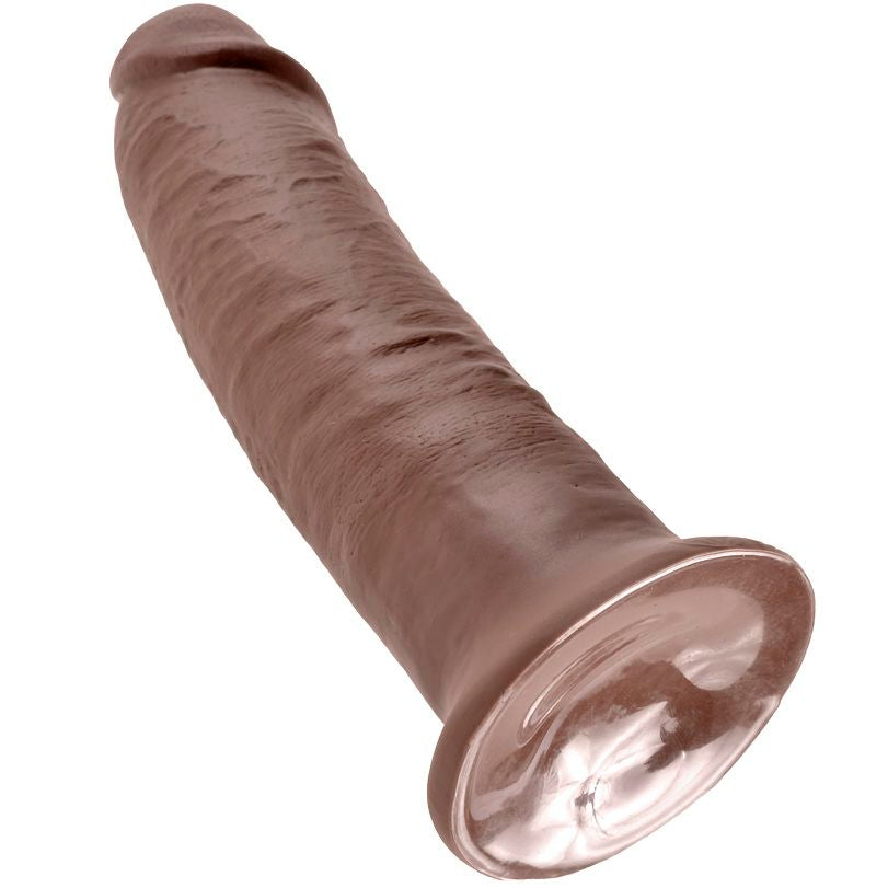 Gode realiste teinte chocolat couche, tete prononcee et fut veine sculpte main, tres large base ventouse claire pour un maintien stable sur surface plane.