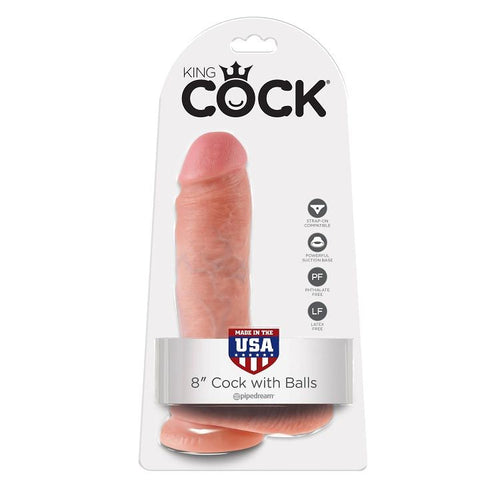 Boîte King Cock 8 pouces ton chair présentant le gode réaliste à testicules sur blister, packaging soulignant la fabrication USA et la ventouse.