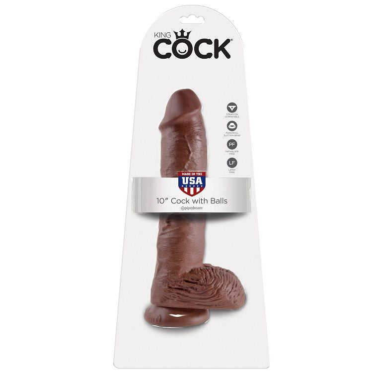 Boîte King Cock 10 pouces teinte chocolat présentant le gode réaliste à testicules sur blister, packaging soulignant le grand format et la ventouse.