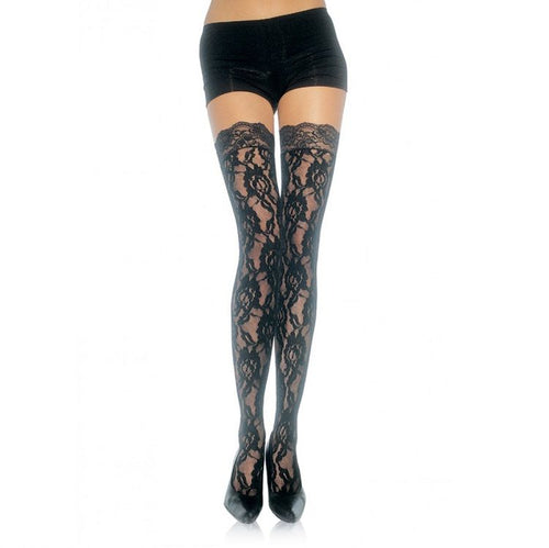 Bas en dentelle fleurie noire portes sous un shorty velours, motif floral habillant la jambe en escarpins, finition haut dentelle, elegance romantique taille unique