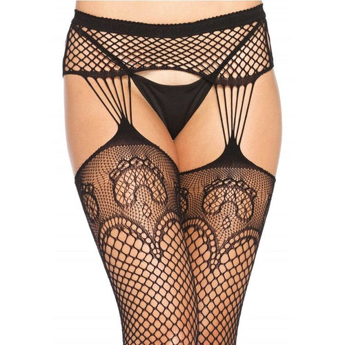 Collant-porte-jarretelles resille a ouvertures ovales vu de face, couture decorative et motif dentelle sur cuisses en escarpins, complement audacieux d'un ensemble