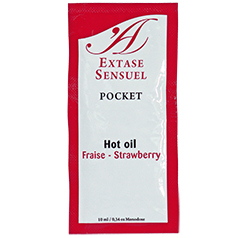 Sachet dose unique Extase Sensuel Pocket, huile stimulante parfum fraise, vu de face
