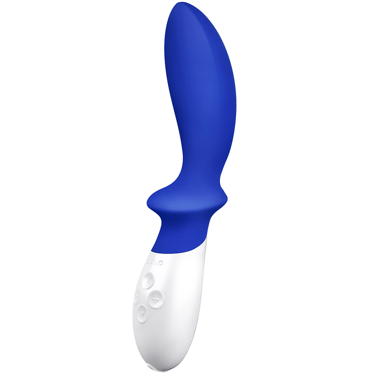 Masseur de prostate Lelo Loki bleu de profil, tige courbe en silicone et poignee blanche a boutons, stimulateur point P puissant et confortable a l'usage.