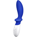 Masseur de prostate Lelo Loki bleu de profil, tige courbe en silicone et poignee blanche a boutons, stimulateur point P puissant et confortable a l'usage.