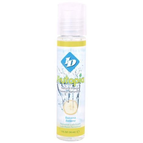 Flacon roll-on ID Frutopia Banana transparent, lubrifiant gourmand banane base eau saveur douce, bouchon clair et motif banane de face