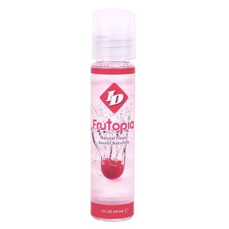 Flacon roll-on ID Frutopia Cherry transparent, lubrifiant gourmand cerise base eau note acidulee juteuse, bouchon clair et motif cerise de face