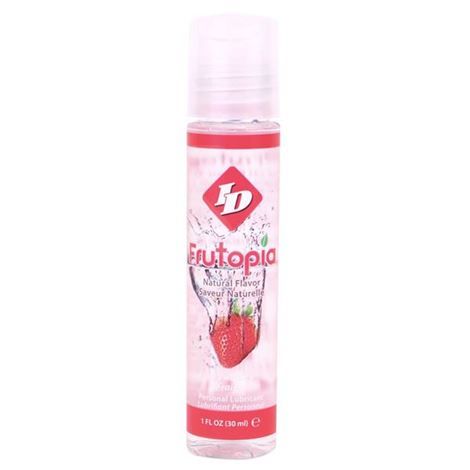 Flacon roll-on ID Frutopia Strawberry transparent, lubrifiant gourmand fraise base eau naturellement sucre, motif fraise et bouchon clair de face