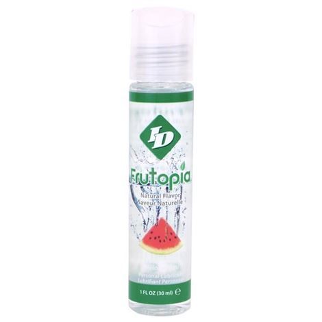 Flacon roll-on ID Frutopia Watermelon transparent, lubrifiant gourmand pasteque base eau naturellement sucre, bouchon vert et motif pasteque