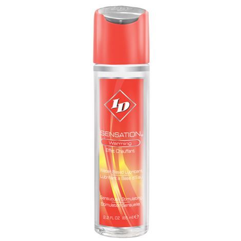 Flacon ID Sensation Warming au bouchon corail en gros plan, lubrifiant chauffant base eau qui rechauffe les caresses au contact et au mouvement