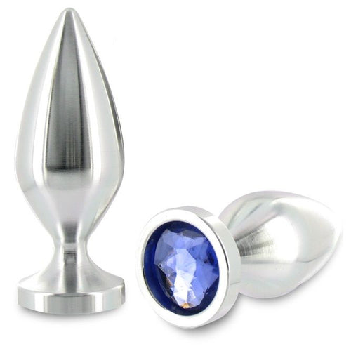 Plug anal bijou en aluminium a verre coloré Metal Hard, deux plugs effiles en aluminium poli, base ornee d'un verre bleu, surface ultra-lisse, leger et thermosensible.