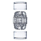 Masturbateur compact transparent presente en trois parties demontees, capuchons et manchon cristallin a texture interne, ouvert aux deux extremites, fond blanc.