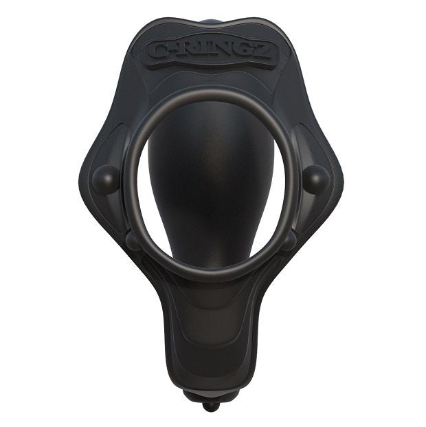 Anneau penien vibrant C-Ringz en silicone noir vu de face, large ouverture centrale et moteur de vibration loge a la base, accessoire lisse non anatomique.