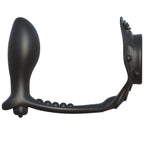 Profil de l'anneau penien C-Ringz avec plug anal perle et sangle de maintien en silicone noir, objet de stimulation combinee sans element anatomique.