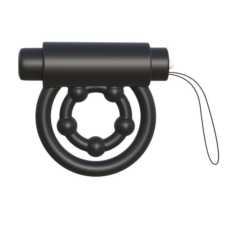 Cockring double C-Ringz en silicone noir surmonte d'un bullet vibrant, vue d'ensemble de l'anneau d'erection a deux boucles, non anatomique.