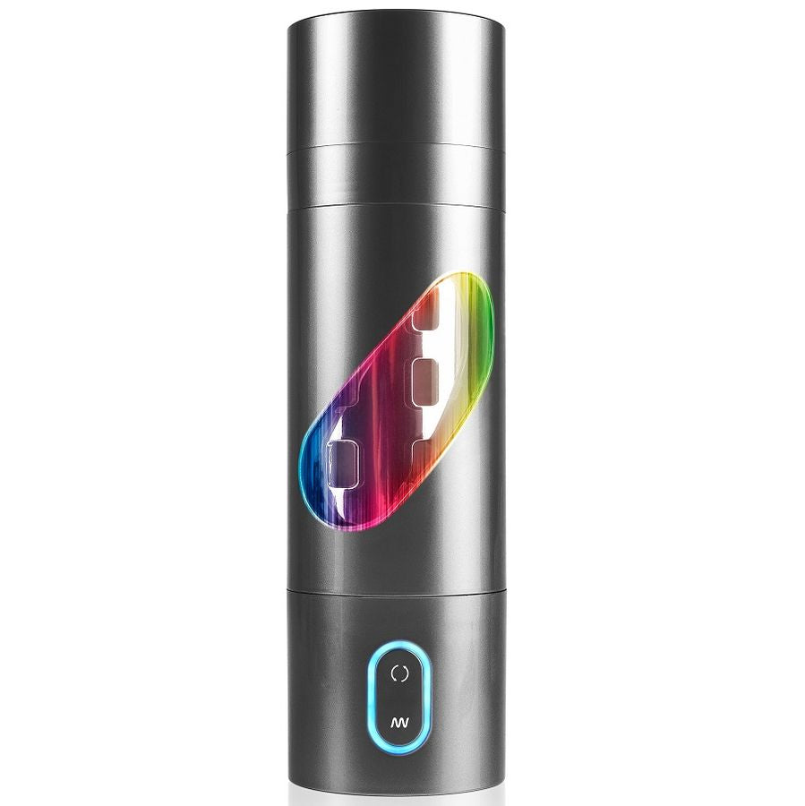 Masturbateur rotatif vibrant Roto-Bator Pipedream Extreme rechargeable, tube cylindrique sombre a bande LED arc-en-ciel, orifice non visible et non realiste.