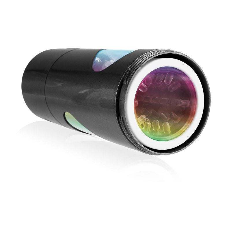 Masturbateur rotatif Roto-Bator Pipedream Extreme, tube noir a anneau LED multicolore et bouton de commande, accessoire cylindrique sans element realiste.