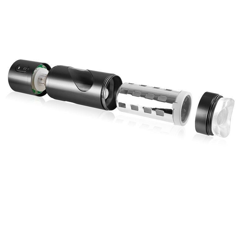 Masturbateur Roto-Bator demonte montrant la cage rotative et le manchon transparent amovible, mecanisme interne technique sans orifice anatomique.