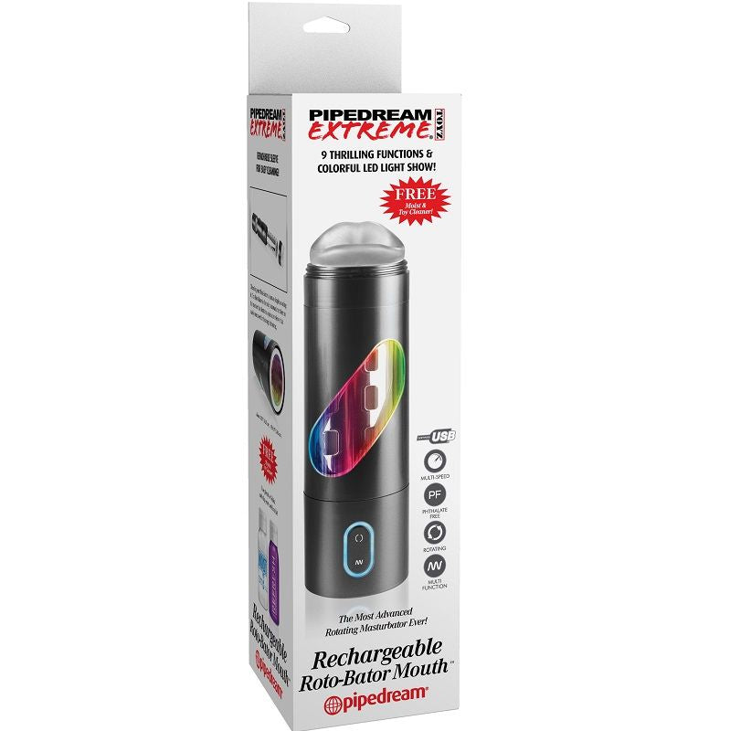 Boite Pipedream Extreme Rechargeable Roto-Bator Mouth, packaging produit du masturbateur rotatif a LED, visuel technique sans scene explicite.