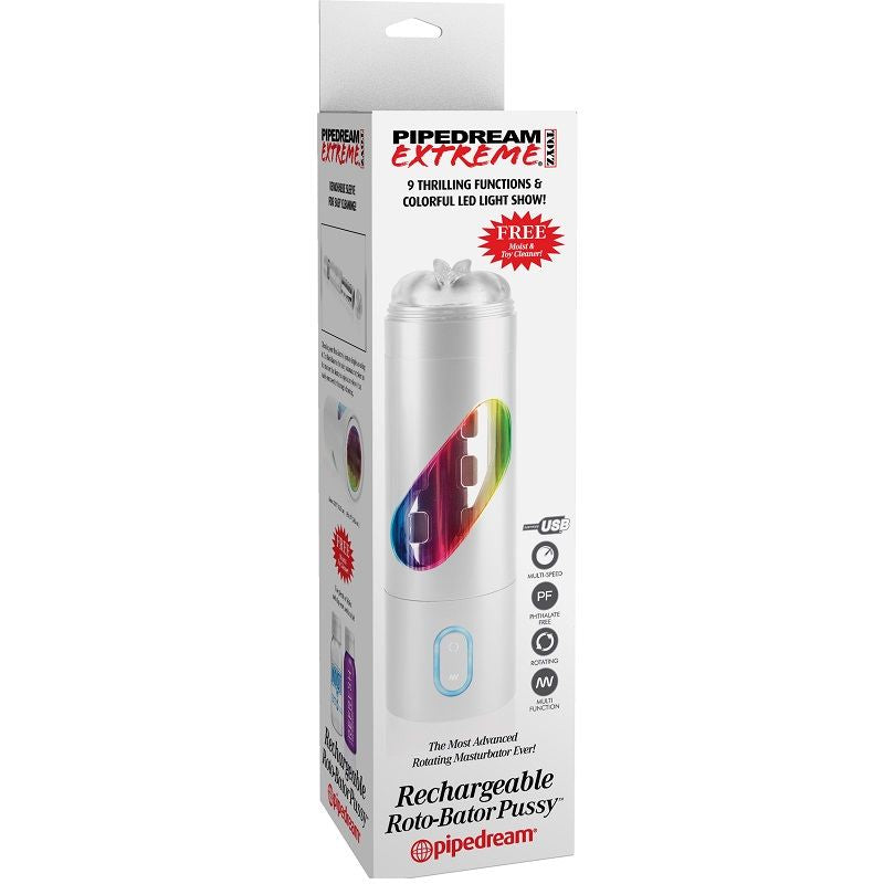 Boite Pipedream Extreme Rechargeable Roto-Bator Pussy, packaging du masturbateur rotatif a LED, visuel produit sans element anatomique explicite.