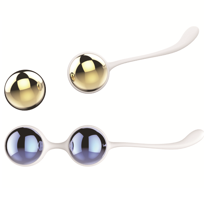 Boules de Geisha Nalone Yany, billes métalliques dorées et bleu dégradé en versions simple et double sur cordons blancs. Kegel progressif, finition miroir premium.