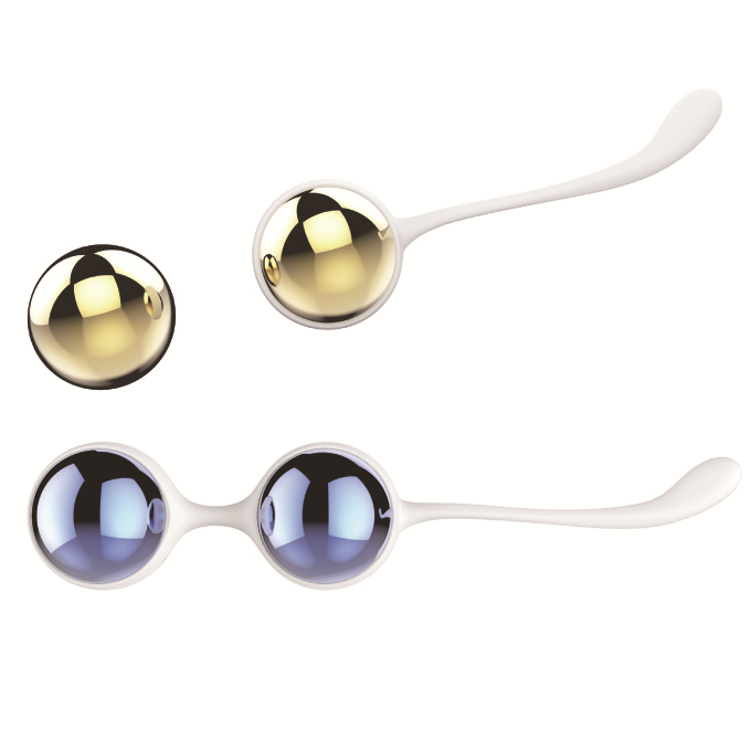 Ensemble complet de boules de Geisha Nalone Yany, billes métalliques dorées et bleues simples et doubles sur cordons blancs. Deux poids interchangeables pour le périnée.