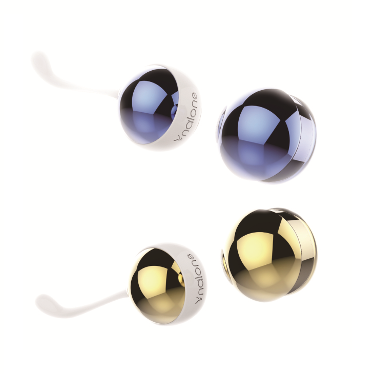 Boules de Geisha Nalone Yany, billes métalliques bleues et dorées en versions simple et double, cordons blancs disposés sur fond clair. Jeu de Kegel pour le plancher pelvien.