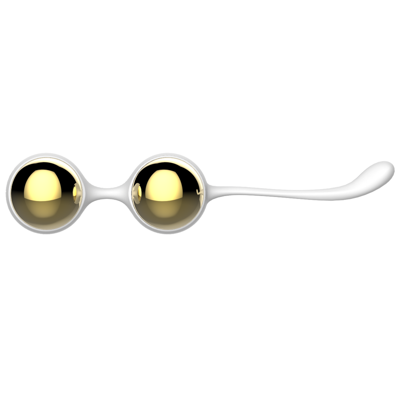 Boules de Geisha Nalone Yany, double bille métallique dorée à finition miroir reliée par un cordon blanc souple. Exercices de Kegel progressifs pour le plancher pelvien.