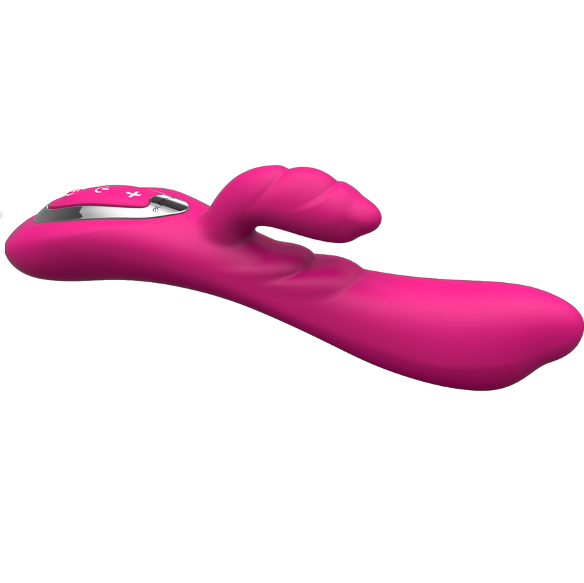 Vibromasseur rabbit Nalone rose de trois-quarts arrière, oreilles clitoridiennes et tige point G en silicone, boutons argentés. Deux moteurs, sept modes, rechargeable.