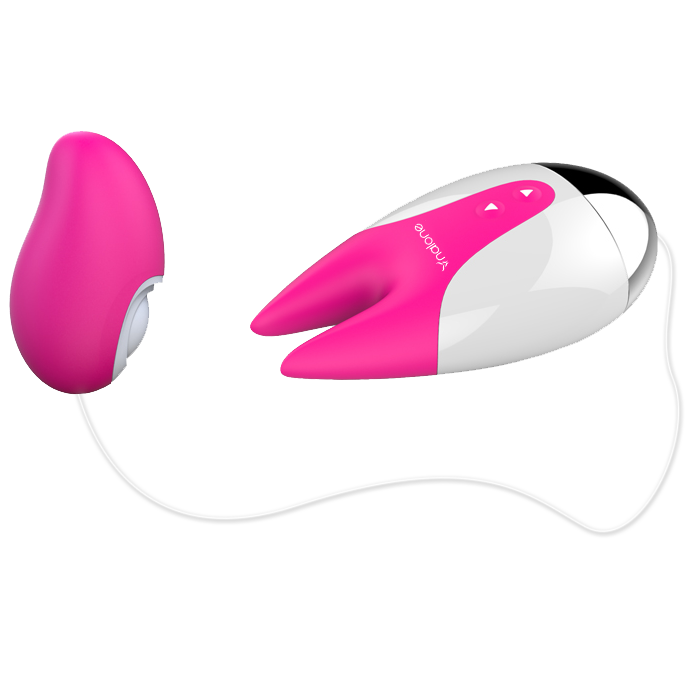 Stimulateur Nalone FiFi 2 rose et blanc relié à un câble à fiche jack, embout en oreilles à côté. Œuf vibrant clitoridien avec accessoires interchangeables, rechargeable.